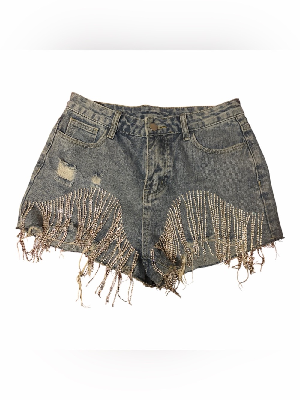 Women’s Distressed Denim Shorts with Rhinestone Fringe